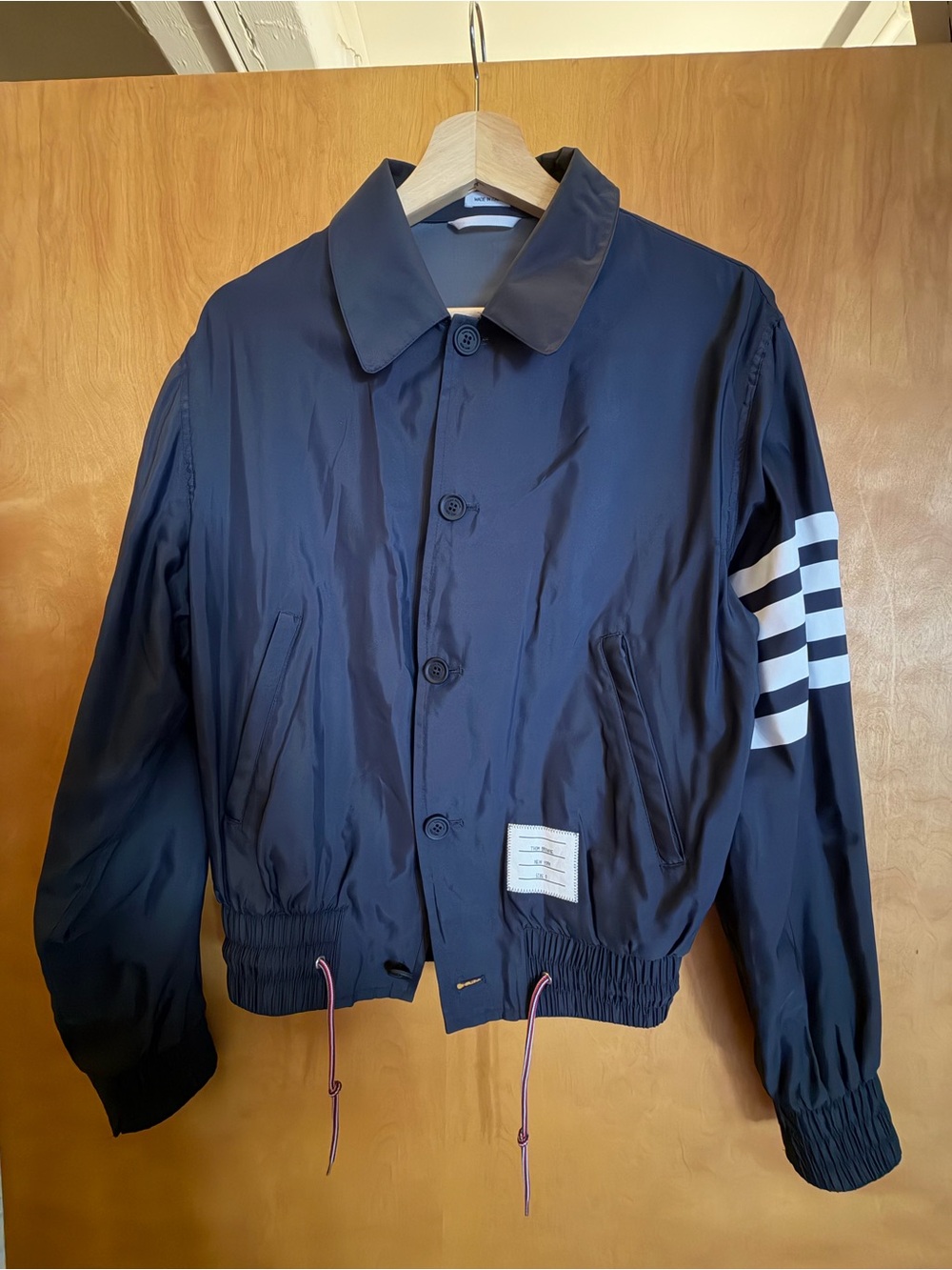 Thom Browne Navy Men’s Stripe Sleeve Bomber Jacket